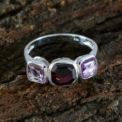 Mariana multicolor gemstone trilogy ring with purple and red gemstones on silver band