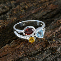 Saanvi multicolor gemstone trilogy ring silver band with red oval blue trillion and yellow round stones