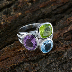 Autumn multicolor gemstone trilogy ring in sterling silver with peridot amethyst and blue topaz trio