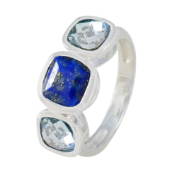 Luisa multicolor gemstone trilogy ring with blue and clear square-cut stones in silver setting