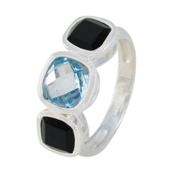 Nisa multicolor gemstone trilogy ring with one blue and two black square stones in silver setting