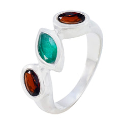 Patricia multicolor gemstone trilogy ring with green and red gemstones in silver band
