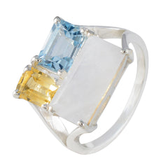 Maya multicolor gemstone trilogy ring with blue, yellow, and white rectangular stones in silver setting