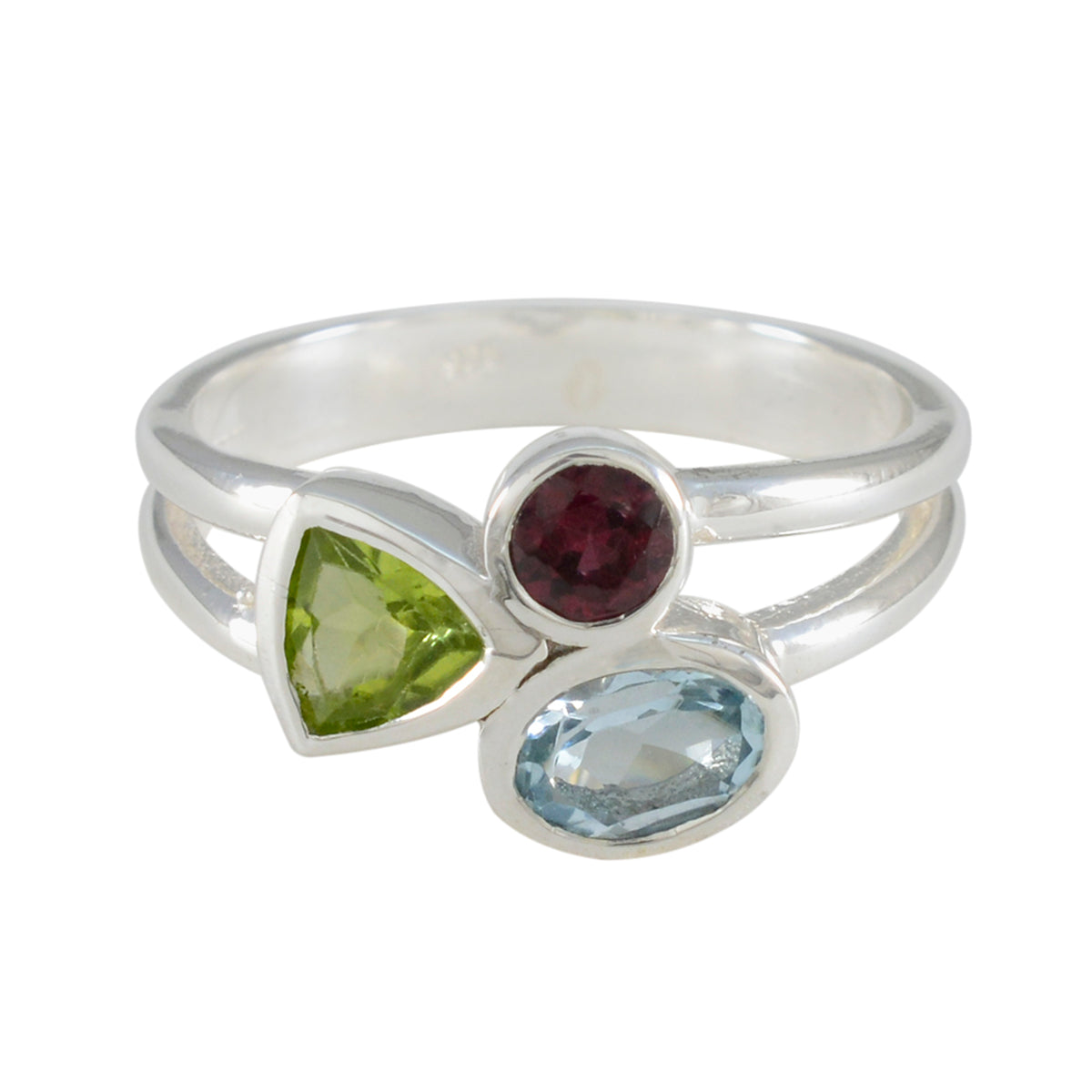 Lorena multicolor gemstone trilogy ring with green, red, and blue gemstones set in silver band