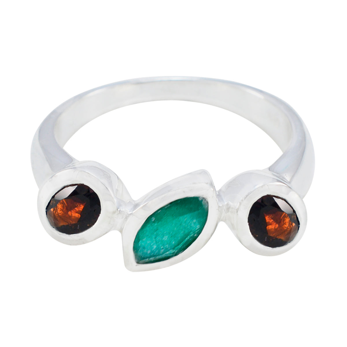Patricia multicolor gemstone trilogy ring with one green marquise and two brown round stones in silver band