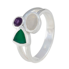 Marie multicolor gemstone trilogy ring in sterling silver with purple round white oval and green triangular gemstones