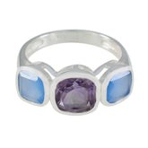 Siti multicolor gemstone trilogy ring sterling silver with central purple amethyst cushion and two blue chalcedony stones