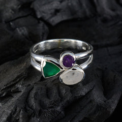 Marie multicolor gemstone trilogy ring in sterling silver with green triangular purple round and moonstone cabochon