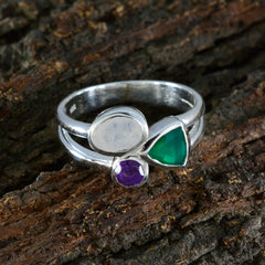 Marie silver multicolor gemstone trilogy ring with triangular green stone round purple gem and oval white stone