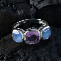 Siti multicolor gemstone trilogy ring sterling silver with center purple amethyst and two blue chalcedony stones