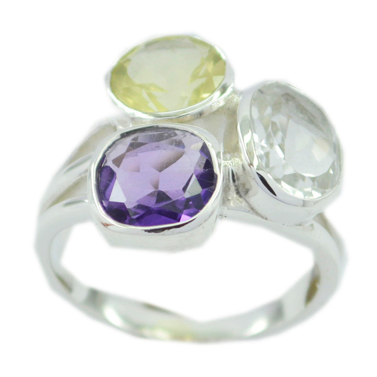 Penelope multicolor gemstone trilogy ring with amethyst, citrine, and white gemstones set in silver band