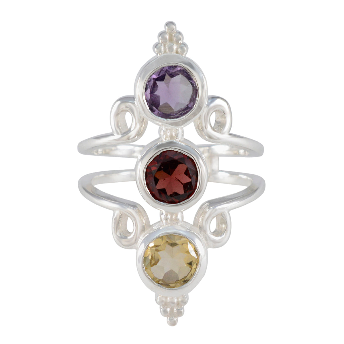 Priya multicolor gemstone trilogy ring with purple, red, and yellow gemstones in silver setting