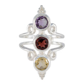 Priya multicolor gemstone trilogy ring with purple, red, and yellow gemstones in silver setting