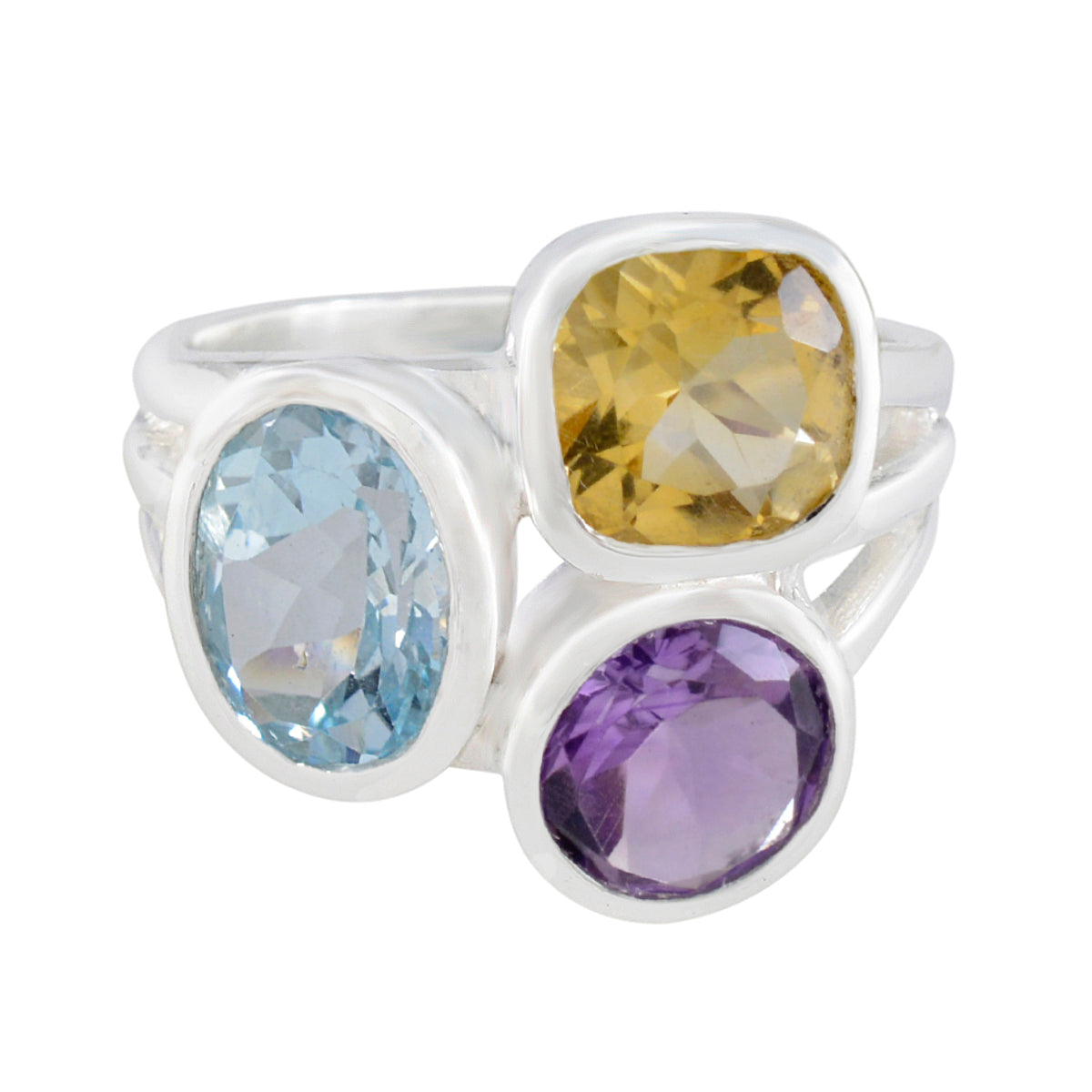 Putri multicolor gemstone trilogy ring with blue, yellow, and purple gemstones set in silver band