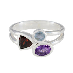 Nia multicolor gemstone trilogy ring sterling silver with garnet aquamarine and amethyst