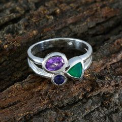 Laura sterling silver multicolor gemstone trilogy ring with amethyst green chalcedony and blue sapphire on bark