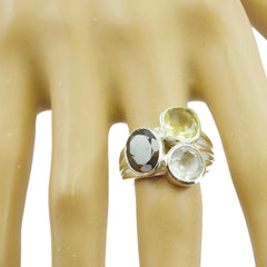 Isadora multicolor gemstone trilogy ring with three different colored stones on silver band