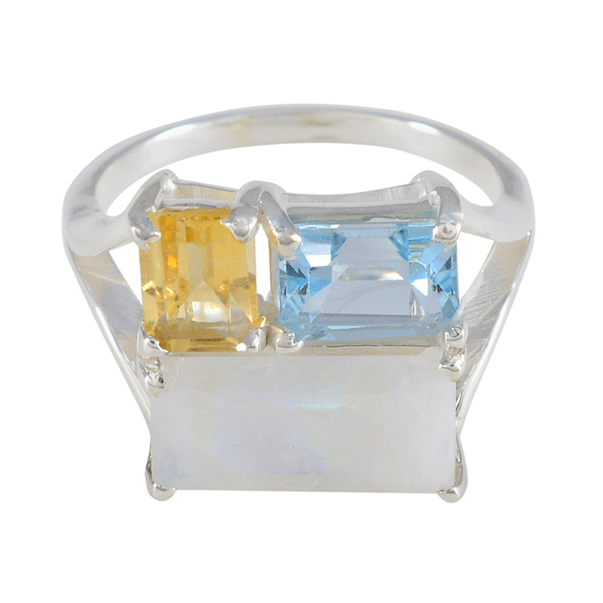 Maya multicolor gemstone trilogy ring with yellow, blue, and white rectangular gemstones set in silver band