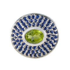 Putri multicolor halo cocktail ring with oval green peridot center and blue sapphire halo in sterling silver