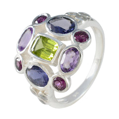 Greta multicolor Navratna cocktail ring with peridot center and amethyst tanzanite garnet accents in silver