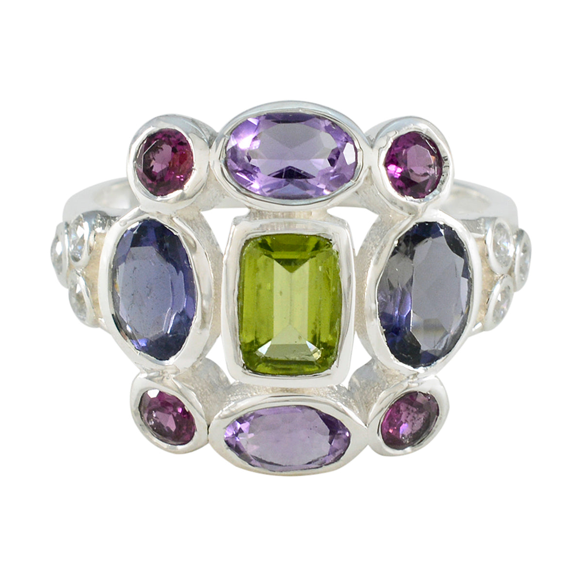 Greta multicolor Navratna cocktail ring sterling silver with central green stone and surrounding purple and pink gems