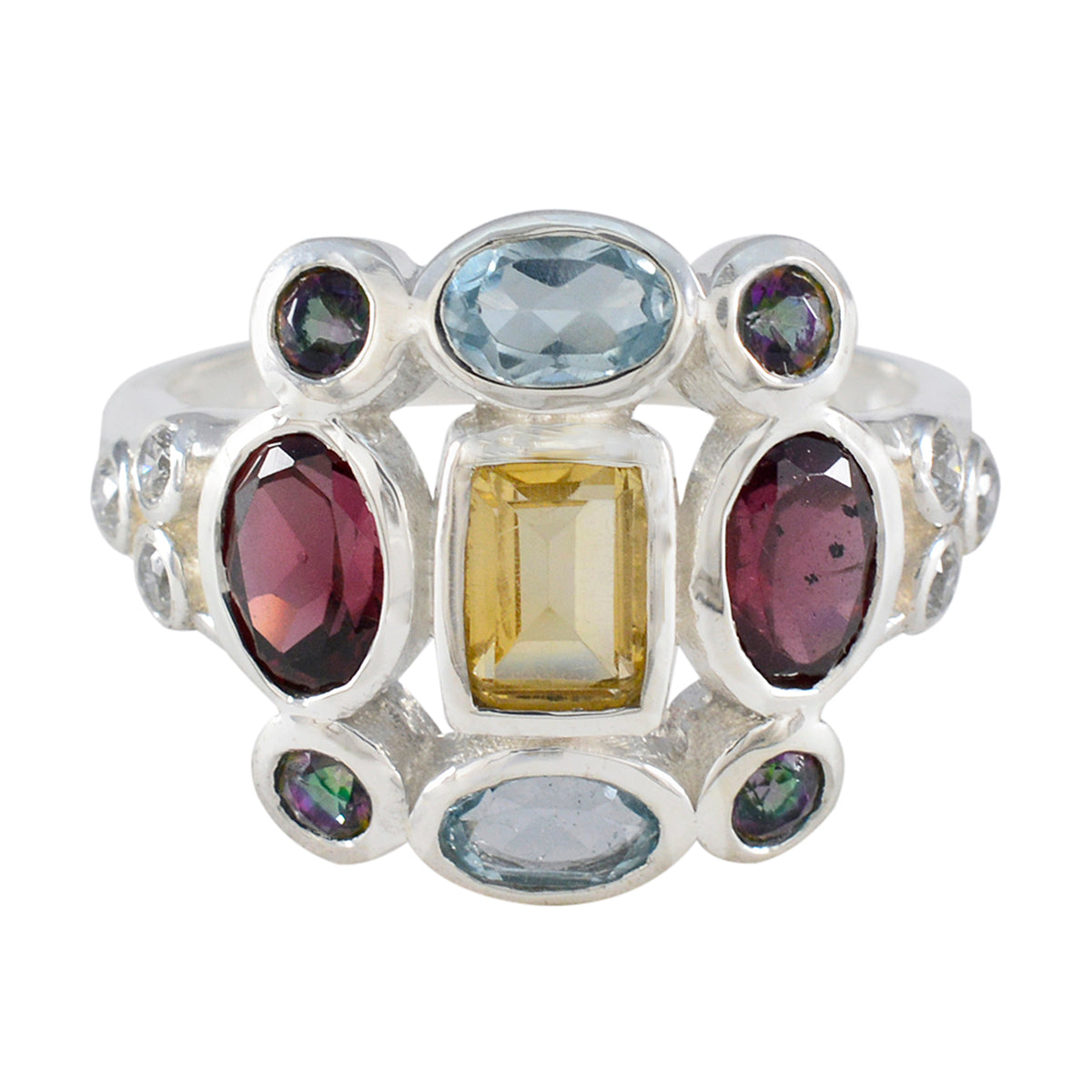 Maria multicolor Navratna cocktail ring featuring various colored gemstones set in silver