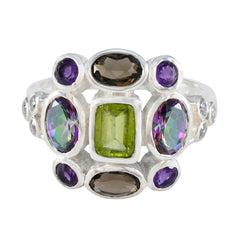 Julia multicolor Navratna cocktail ring with various gemstones set in silver band