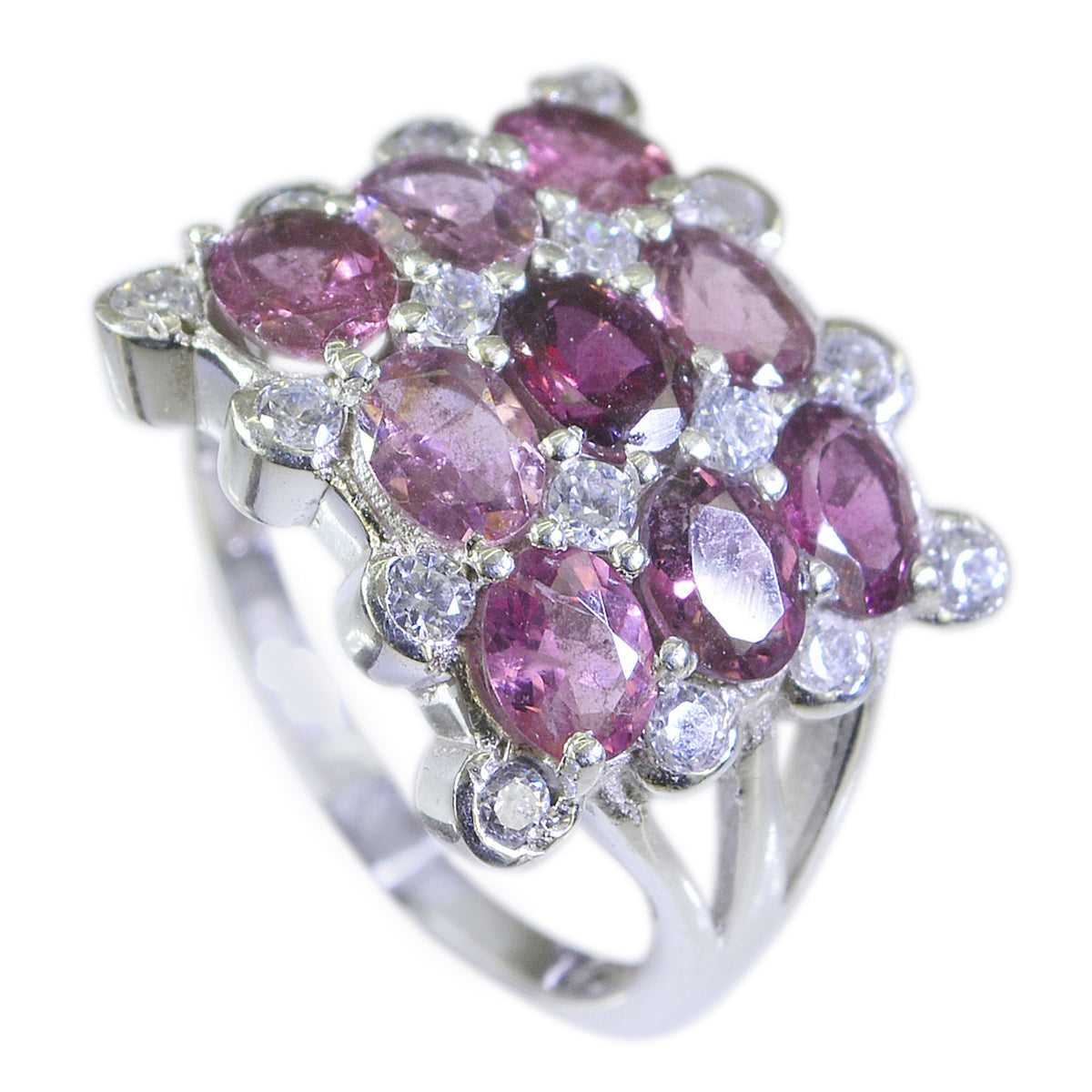Lucia multicolor Navratna gemstone ring with purple and white stones set in silver band