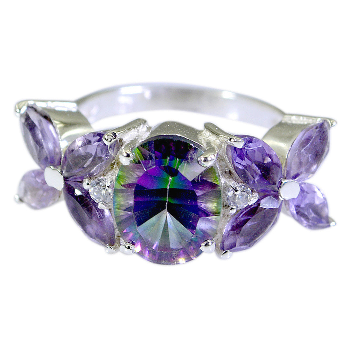 Putri multicolor Navratna gemstone ring with purple and green stones in silver setting