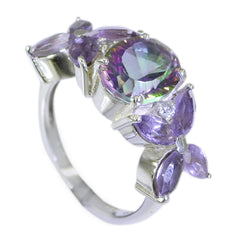 Putri multicolor Navratna gemstone ring with purple and green stones set in silver band