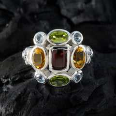 Julieta multicolor navratna ring sterling silver with central red garnet surrounded by peridot citrine and blue topaz