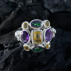 Giulia multicolor Navratna ring sterling silver with central rectangular yellow stone and purple and green gemstones