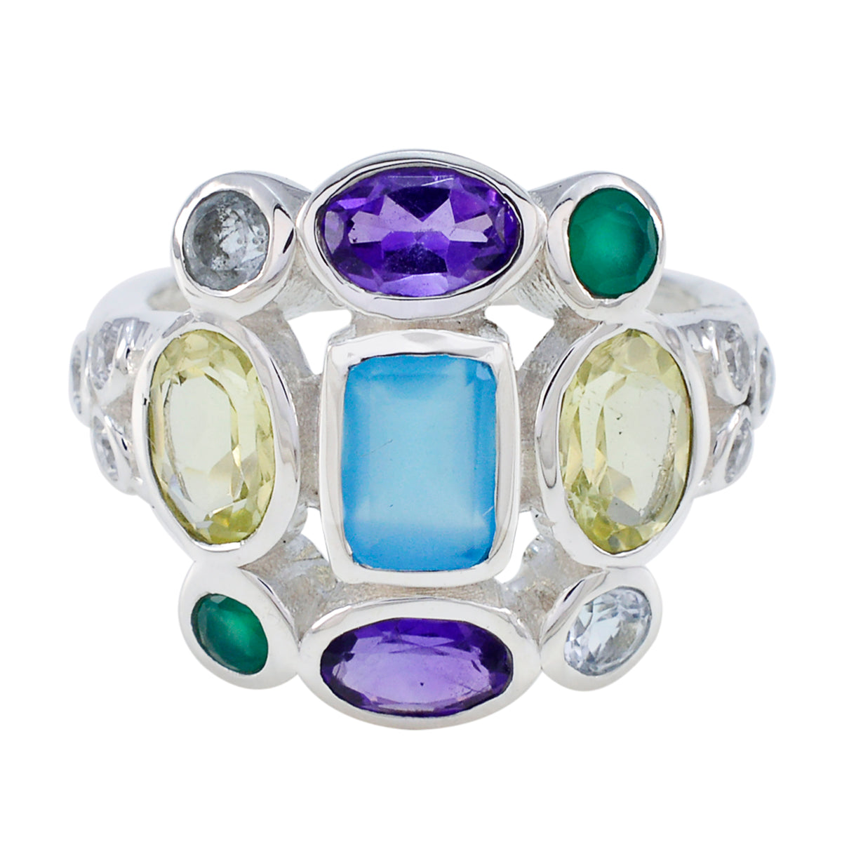 Genesis multicolor Navratna ring sterling silver with central blue stone and mixed gemstones for daily wear