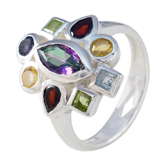 Mathilde multicolor navratna ring with various gemstone shapes set in silver band