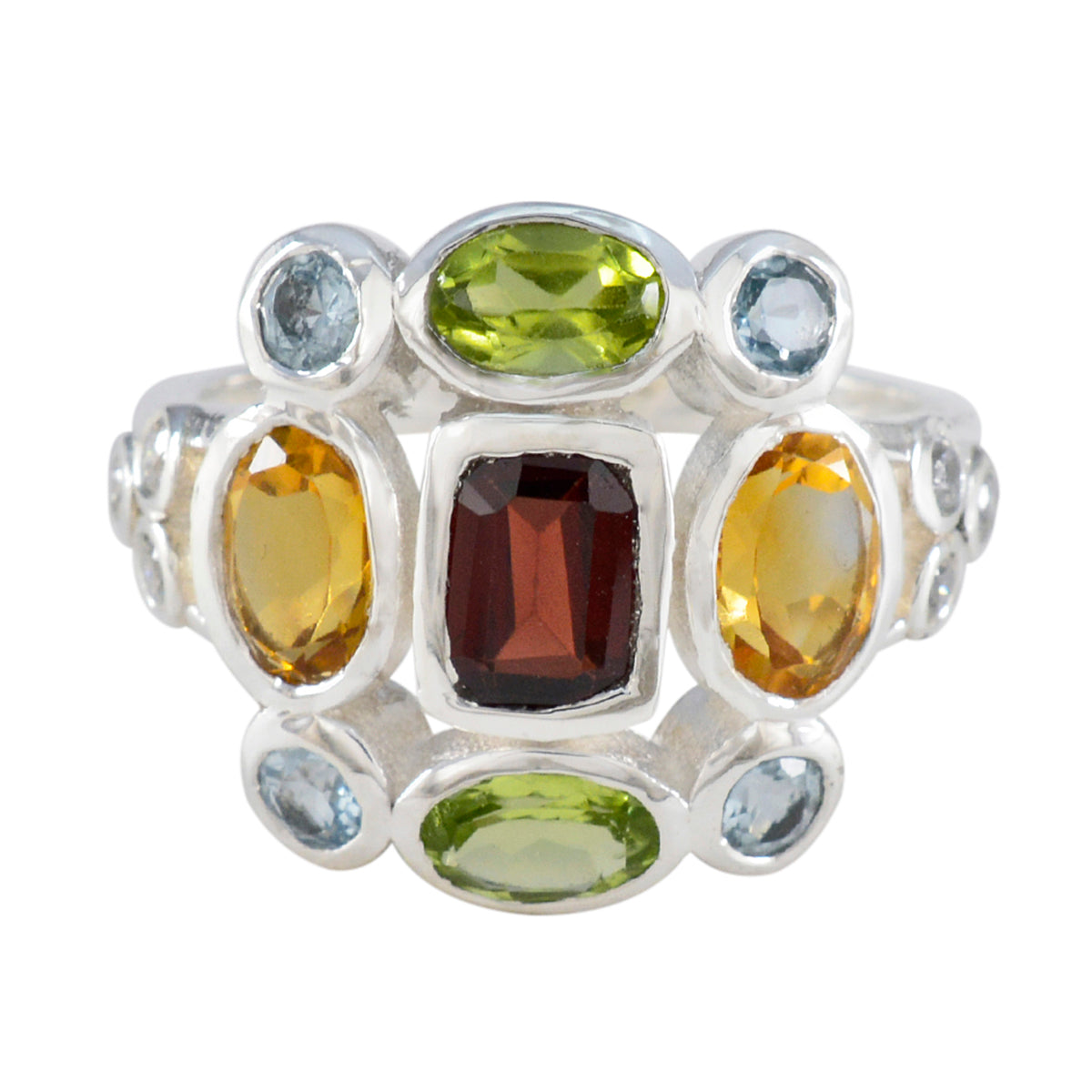 Julieta sterling silver multicolor navratna ring with central deep red stone and peridot citrine aquamarine accents