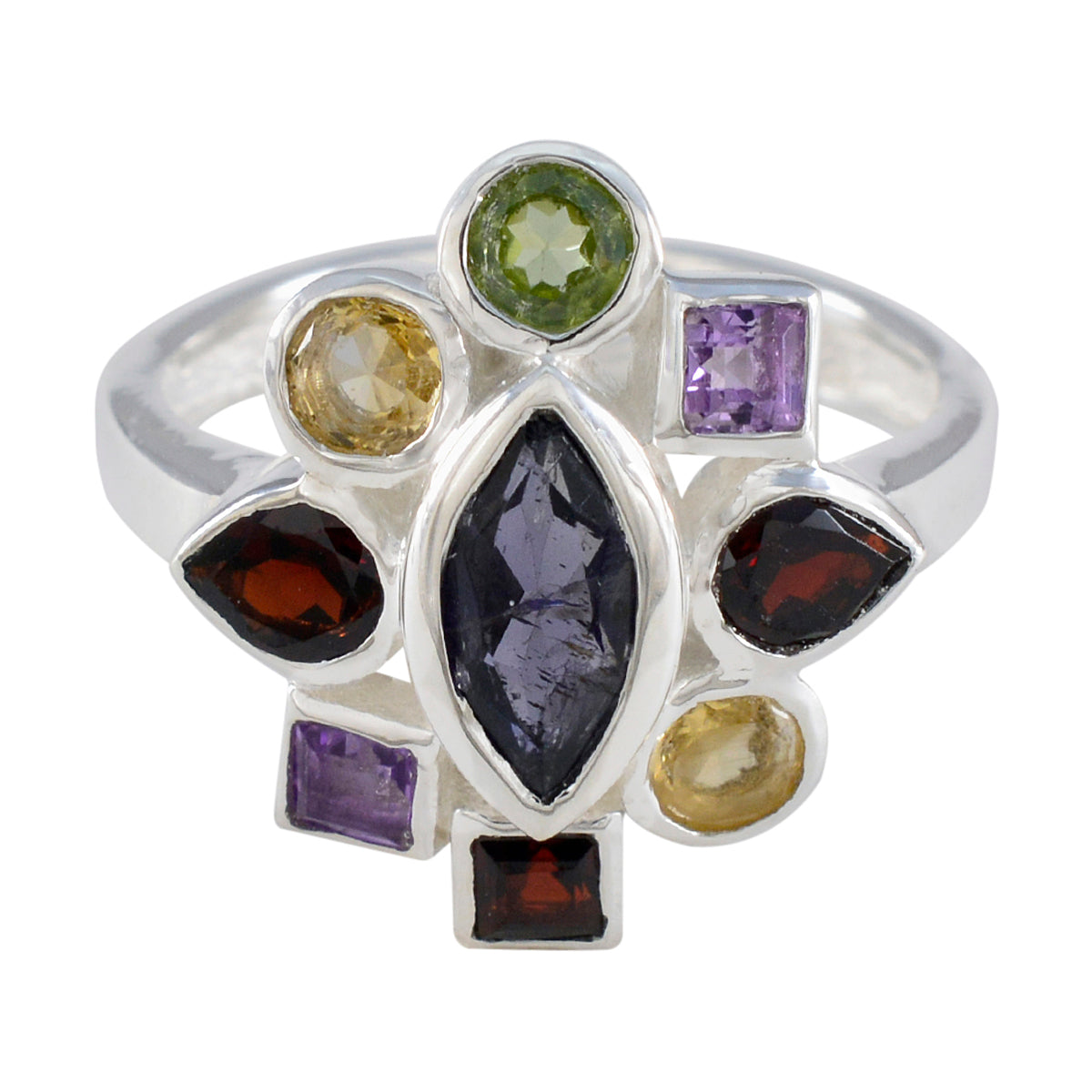 Luna multicolor navratna ring with various gemstones set in a silver band