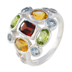 Julieta sterling silver multicolor navratna ring with central red stone citrine peridot and blue topaz