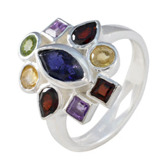 Luna multicolor navratna ring with various colorful gemstones set in silver band