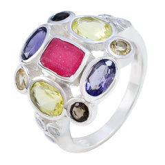 Freya multicolor Navratna ring in sterling silver with square ruby center stone and assorted oval gems