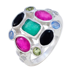 Lorena multicolor Navratna ring with various vibrant gemstones set in silver band