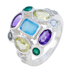 Genesis sterling silver multicolor Navratna ring with blue center chalcedony and mixed gemstones for festive and everyday wear