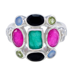 Lorena multicolor Navratna ring with vibrant gemstones in silver setting