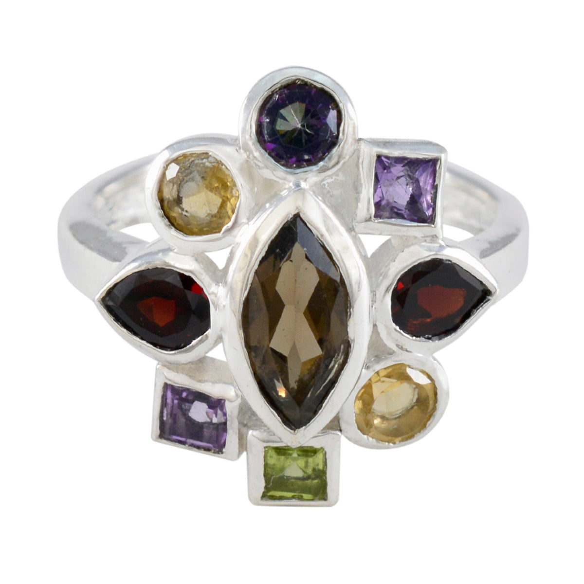Araya multicolor navratna ring with various colorful gemstones set in silver band