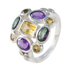 Giulia sterling silver ring with central square yellow gemstone and oval purple and green stones multicolor Navratna ring