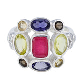 Freya sterling silver multicolor Navratna ring with central pink rectangular gemstone and surrounding amethyst peridot smoky quartz