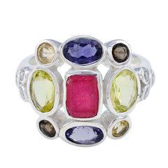 Freya sterling silver multicolor Navratna ring with central pink rectangular gemstone and surrounding amethyst peridot smoky quartz