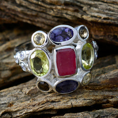 Freya multicolor Navratna ring sterling silver with central red gemstone surrounded by various oval gemstones