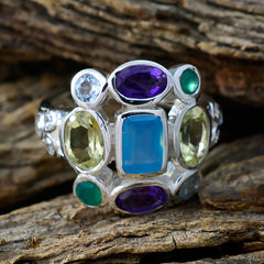 Genesis multicolor Navratna ring sterling silver with central blue cabochon and amethyst citrine emerald accents