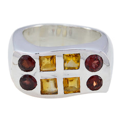 Teresa multicolor octa gemstone ring with yellow square and red round stones in silver band