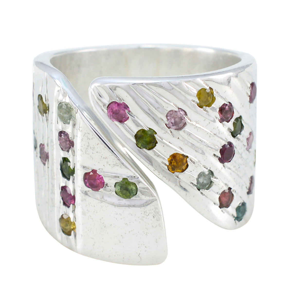 Savannah multicolor retro gemstone ring with silver band and various colorful stones